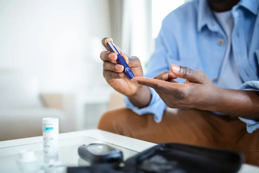 Private type 2 diabetes treatment UK — patient self-monitoring blood glucose at home